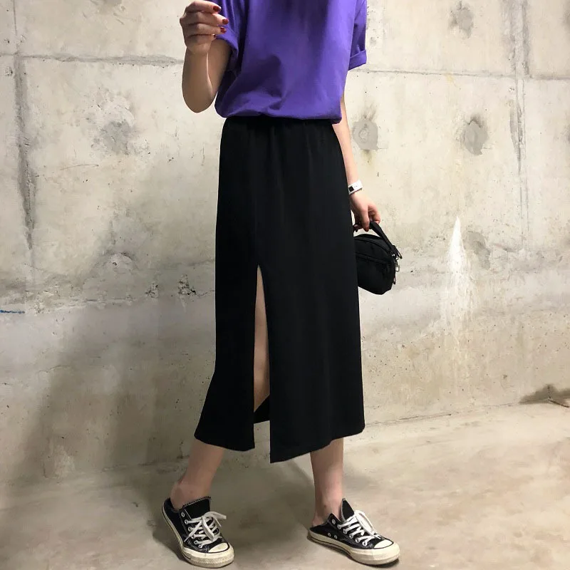 

Photo Shoot 2019 Loose-Fit Explicit Tall Waist Side Slit Solid Color Skirt Student Medium-length Skirt