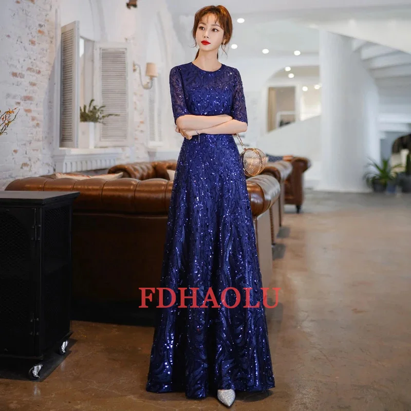 FDHAOLU FU107 New Luxury Sequins Evening Dress Banquet Elegant Gold Half Sleeved Party Prom Gown Robe De Soiree Customized 3