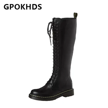 

GPOKHDS 2021 women Knee-High boots Cow leather Winter short plush Round Toe Zipper Med heels female Riding boots size 39