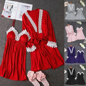 

Fashion Women Thin Pajamas Set Solid Sleepwear Robe Dress Faux Silk Home Wear Lace Sexy Camisole Transparent Two-piece Set