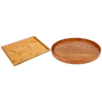 

Wooden Serving Tray Kung Fu Tea Trays Bamboo Rectangular 37X26cm & Round Natural Tray Hotel Food Dishes Wood Plate