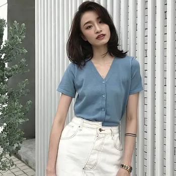 

3 Colors Knitted Cardigans 2020 Spring Summer Cardigan Women Casual Short Sleeve Tops V-neck Solid Women Fashion T-Shirt Tops