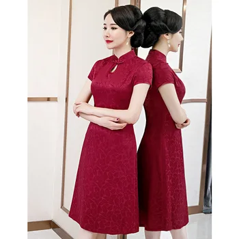 

Chinese Traditional Mandarin Collar Qipao Elegant Short Sleeve Cheongsam Vintage Red Women Vintage Dress Plus Size 4XL Vestidos