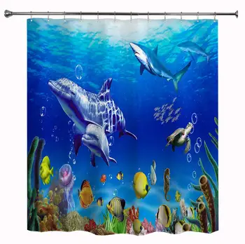 

Bathroom Underwater World Theme Shower Curtain with Hooks, Ocean Sea Seabed Coral Fish Design Bathtub Curtain Sets, Waterproof