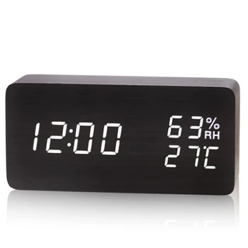 

Wood Wooden LED Alarm Clock Control Temperature Humidity Living Room Display Desk Alarm Clocks Home Decor Digital Table Clocks