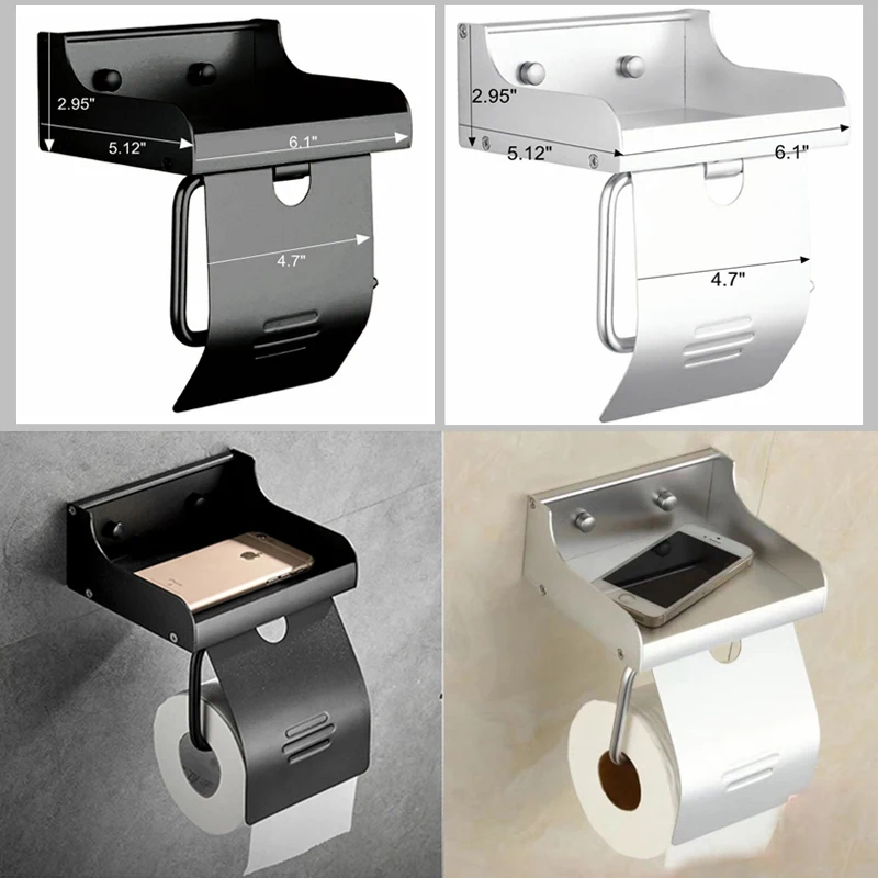 Bathroom Toilet Paper Holder Toilet Roll Paper Rack with Phone Shelf Wall Mounted Aluminum Black/Sliver EL7566