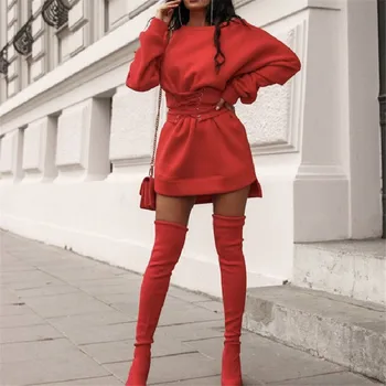 

Plus Size Warm Sweatshirt Dress Autumn Long Sleeve Women Casual Sexy Off Shoulder Lace-Up 2019 Winter Hoodies Dress Mini M0345