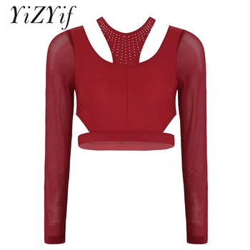 

Women Leotard ballet dancewear Shiny Rhinestones Cutout Neckline Long Sleeves Back Crossed Crop Tops for Ballet Dance Leotards