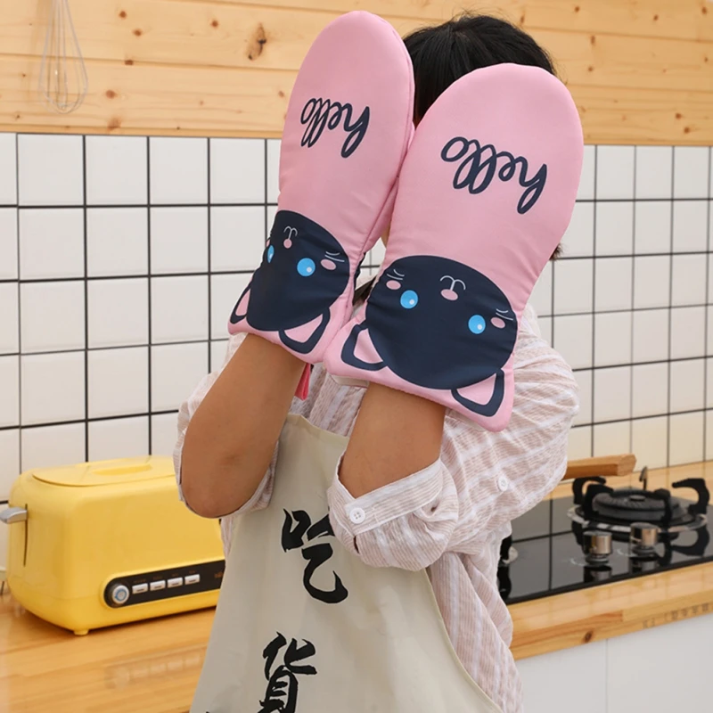 1 Pair Cartoon Animal Cat Paws Oven Mitts Heat Resistant Non-slip Long Microwave Gloves Cotton Kitchen Baking Insulation Gloves