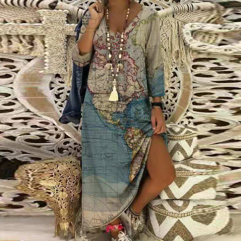 2021 primavera Vintage con cuello en V de Maxi vestido de las mujeres ocasionales de la tierra mapas impresión Vestidos de fiesta de moda de dama Vestido de manga larga, Vestidos