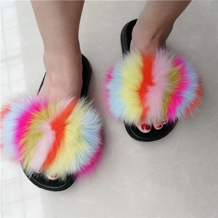 Women Fox Fur Slippers Real Fox Fur Slides Lovely Plush Slippers Woman Summer Home Sandals Women Fur Slides Furry Flip Flops Hot - Цвет: as pic shows 17