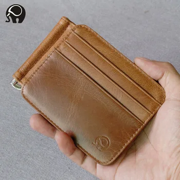 

Vintage Genuine Leather Money Clip Men Card Wallet Thin Money Clamp for 9 Cards Male Bifold Credit Card Case