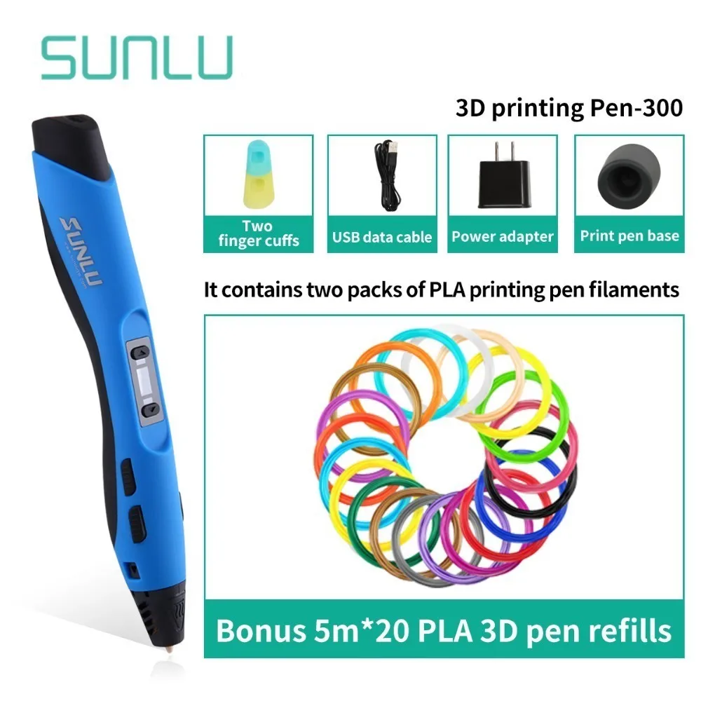 SUNLU 3D Ручка для рисования с 100 м PLA нитью 1,75 мм SL-300 3D ручки для печати для детей, новая подарочная коробка