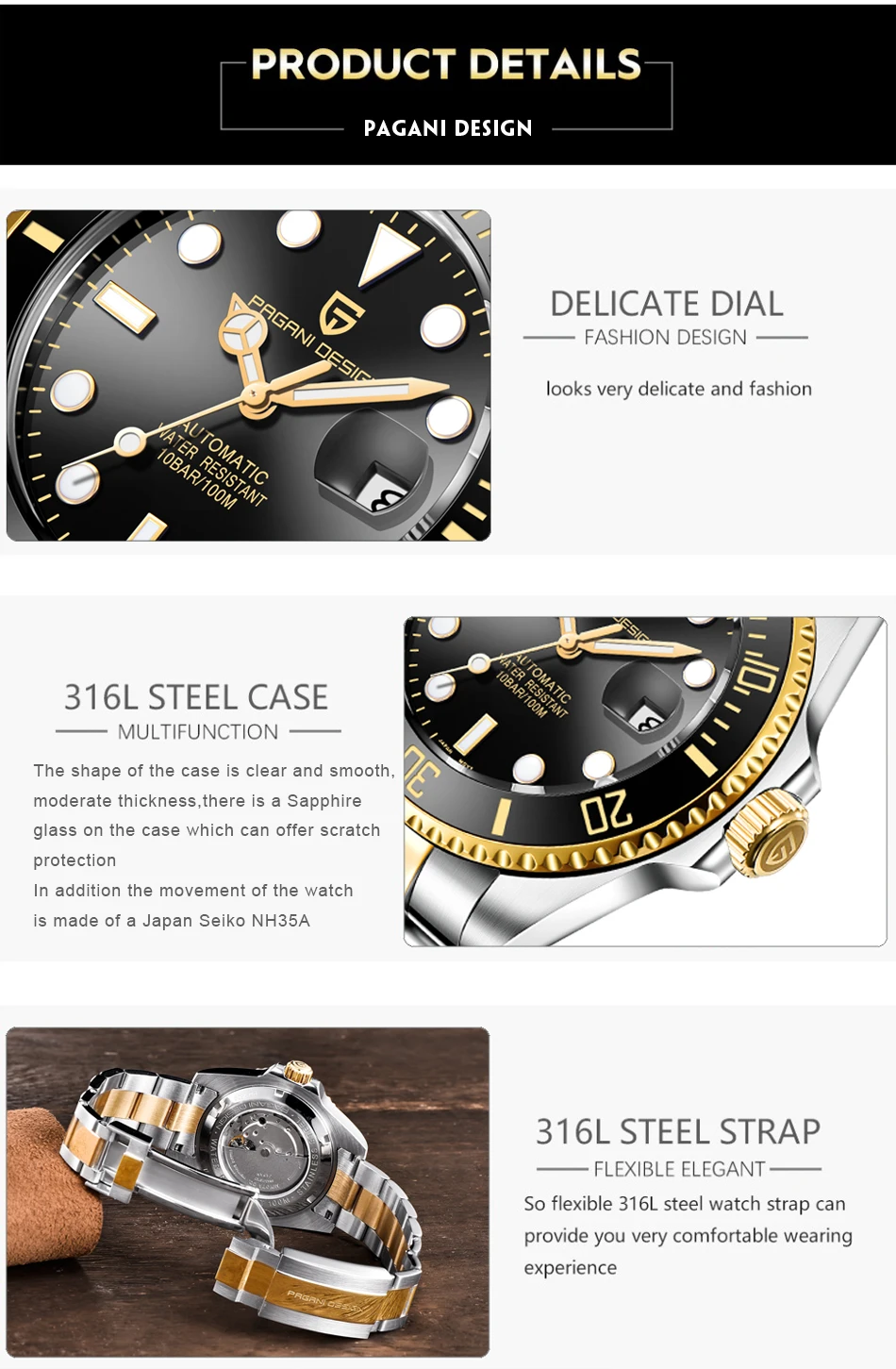 PAGANI marque дизайнерские брендовые Роскошные мужские часы Автоматические черные часы мужские водонепроницаемые деловые спортивные механические часы из нержавеющей стали