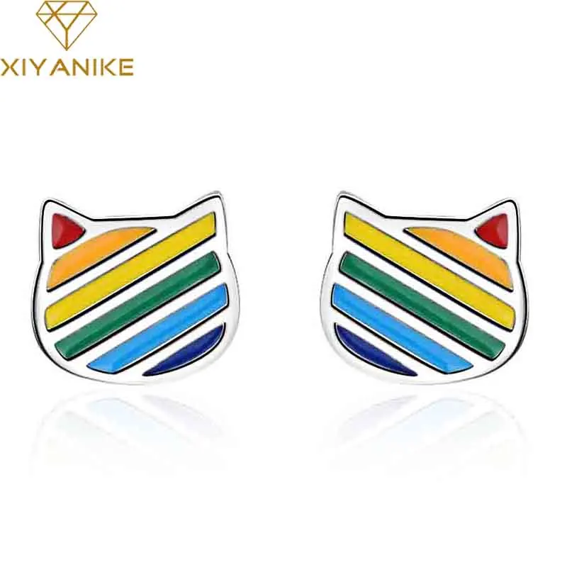 XIYANIKE 925 стерлингового серебра корейский стиль милый кот многоцветные серьги гвоздики для женщин новые модные креативные подростковые украшения