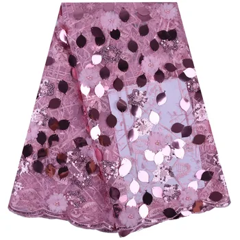 

French Lace Fabric 2019 African Mesh Pink 3d Flower Embroidery With Sequins Beads Bridal Dress For Nigerian Wedding 5 Yards 1726