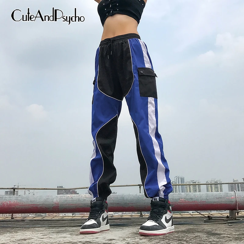 

Contrast Color Cargo Pants Women Pocket Stripe Patchwork Trouser High Waist Casual Sweatpant Drawstring Streetwear Cuteandpsycho