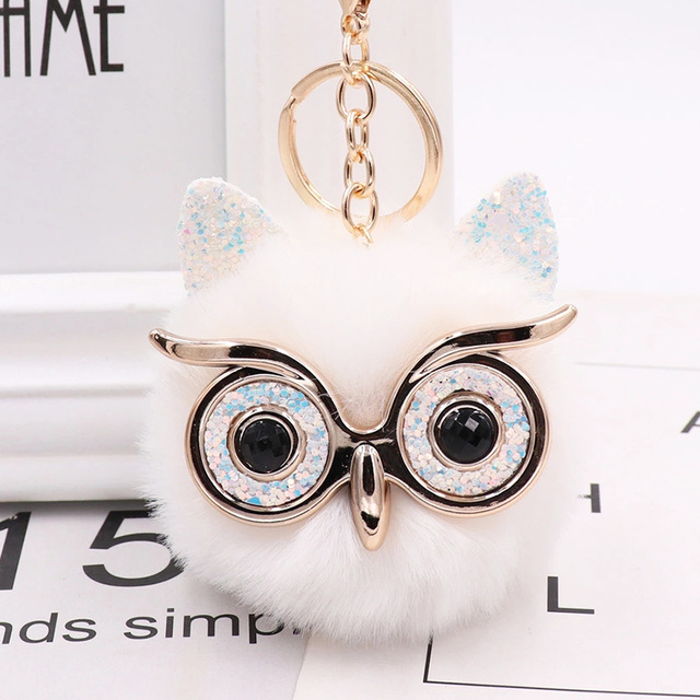 Cute Sequin Ears Owl Keychain Fluffy Artificial Rabbit Hairy Pom-pom Keychain Women's Shoulder Bag Owl Pendant Key Ring