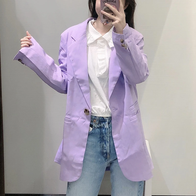 Spring Autumn Women Vintage Purple Blazers And Jackes Solid Button Suit Coat Female Outerwear Tops OL Work Office Blazer Mujer
