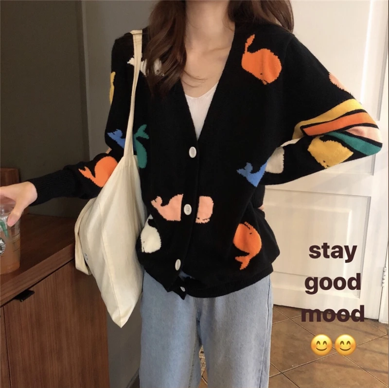 2019 autumn Colorful cartoon pocket sweater womens knitted cardigans coat (B8693) |
