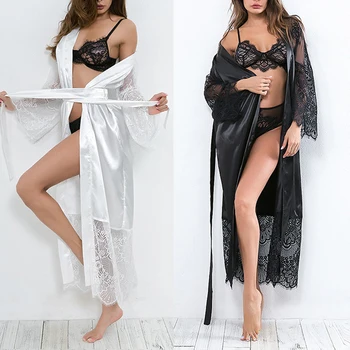 

Women Lace Satin Long Bathrobe Sexy Bathrobe Nightgown with Belt Lady Sexy Lace Up Sleepwear Nightdress