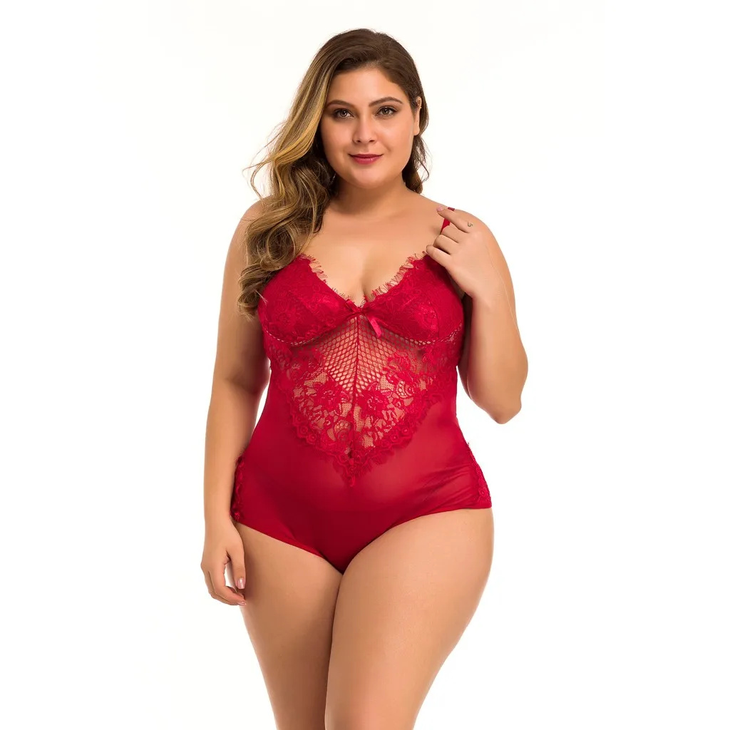 New Fashion One Piece Women Sexy Bodysuit Plus Size XXXXL Mesh Lace V-Neck Teddy Lingerie Jumpsuit Underwear Teddies Body Encaje