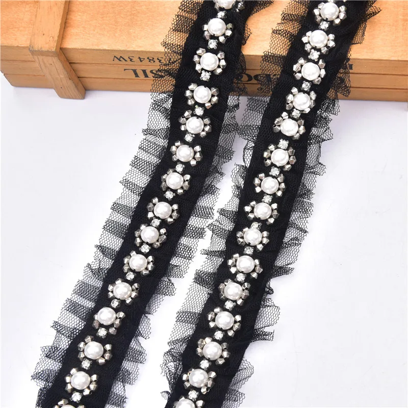

free shippment 2 yard/lot black sewing lace beaded Fancy handmade pearl glass beads lace garment sew on bead rhinestone trim