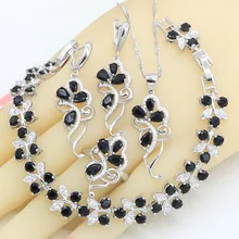 Personalized Black Semi-precious Stones 925 Silver Jewelry Sets For Women Bracelet Necklace Pendant Earrings Ring Birthday Gift
