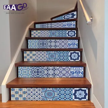 

6Pcs/Set Blue and White Porcelain Tile Stair Wall Stickers Self Adhesive Waterproof PVC DIY Stairway Stickers Home Decoration