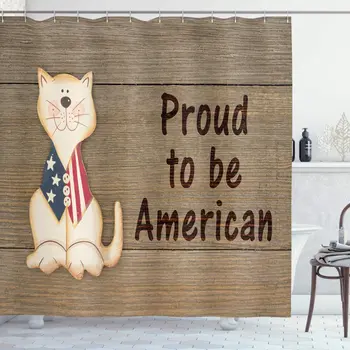 

4th of July Shower Curtain by Ambesonne Proud To Be American Quote with Cute Kitty with a Flag Vest Patriotic Animal Fabric