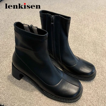 

Lenkisen 2020 winter new boots cow leather preppy round toe thick high heel zip nightclub mature dating carrer ankle boots L06