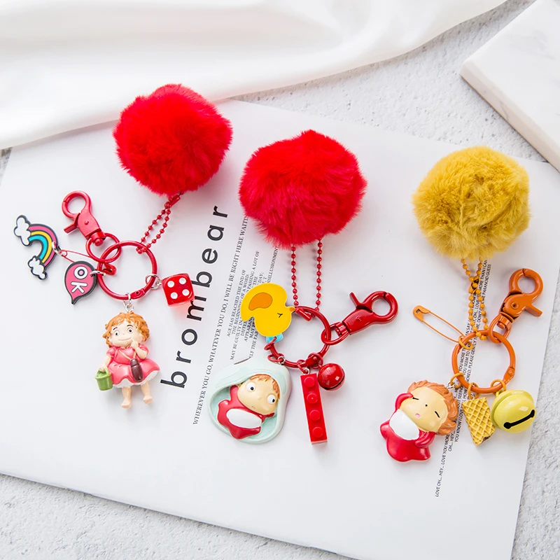 

Ponyo On The Cliff By The Sea PomPom Cute Girls Keychain For Girls Backpack Car Key Chain Key ring Miyazaki Fan Memorial Gift