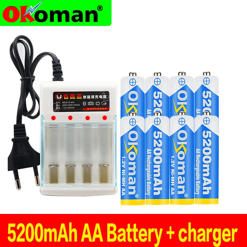 Figh качественный 1 2 V 5200mAh NI MH AA Предварительно заряженный перезаряжаемый aa