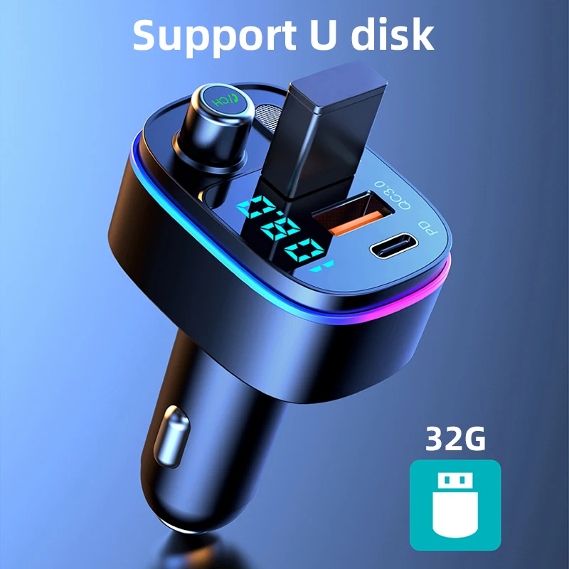 Car Bluetooth 5.0 FM Transmitter Car MP3 Player U Disk Music Car Charger Type-C PD QC3.0 Fast Charging 7 Color Ambient Light_voghion.com