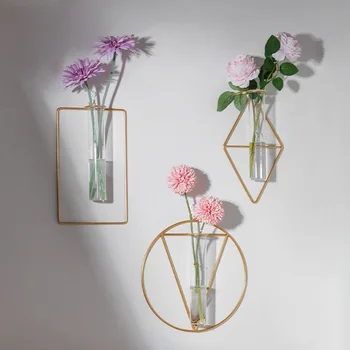 

Wrought Iron Hydroponic Vases Wall Mounted Vase Decoration Fresh Flowers Adornment Simple Floral Bottle Bar Pendant Home Decor