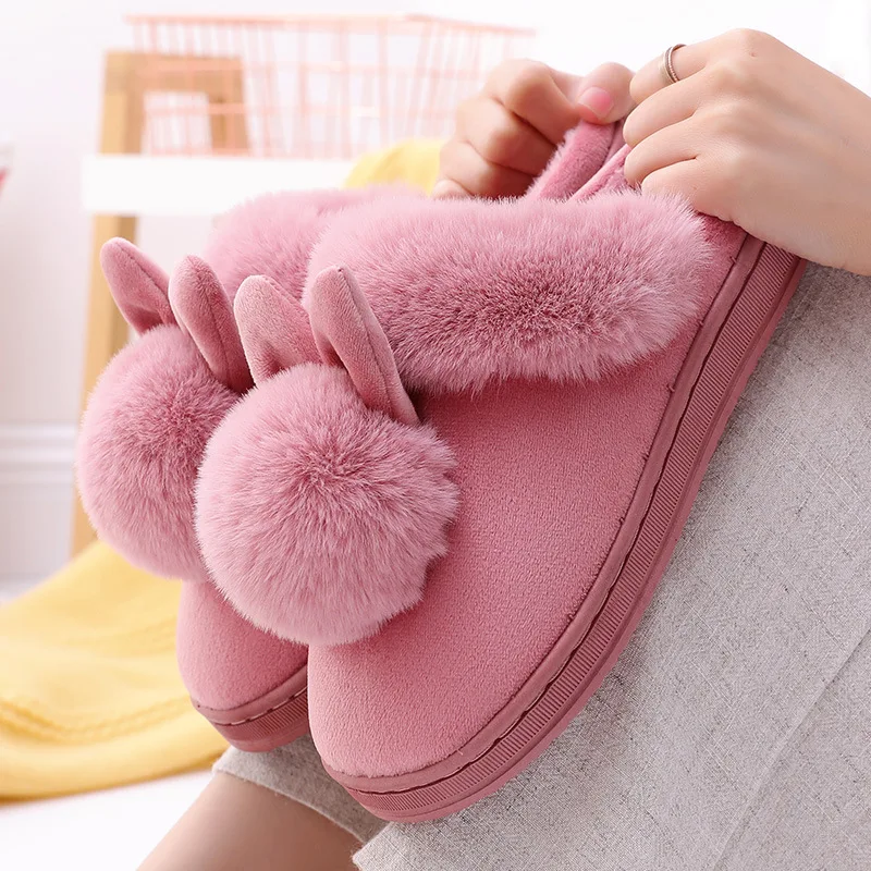 Comfortable Slip-on Winter Winter Female Home Rabbit Ear Cotton slippersmens Warm Thickening Non-Slip Couple Plush Slippers  3,39House Shoes Indoor & Outdoor