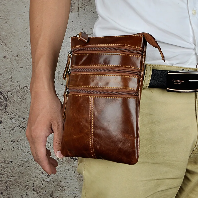 

First Layer Oil Wax Leather Genuine Leather Men Fashion Cool Mobile Phone Camera Outdoor 10-Inch Small Shoulder Oblique Bag Wall