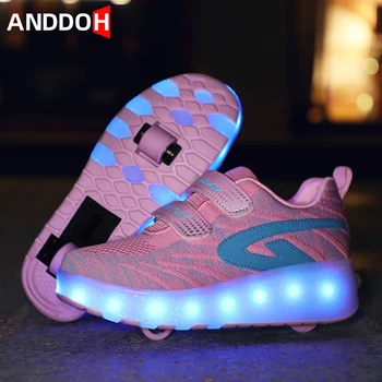 

Size 27-43 Kids Shoes for Girls USB Charging Luminous Sneakers with Double Wheels Led Light Up Shoes Children Glowing Sneakers