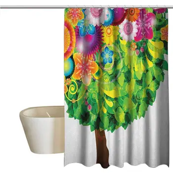 

Tree of Life Lunarable Geometric Shower Curtain Colorful Tree Fantasy Illustration with Blossoming Flowers Leaves Butterflies