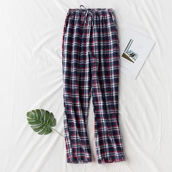 

Autumn men straight style elastic waist flannel fabric sleep pants male trendy multi-color plaid lounge bottom cotton homewear