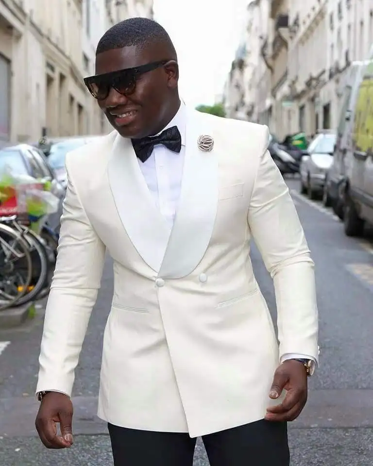 Double Breasted Groomsmen SHawl Lapel Groom Tuxedos Ivory and Black Men Suits Wedding/Prom Best Man ( Jacket + Pants Tie ) Z99 | Мужская