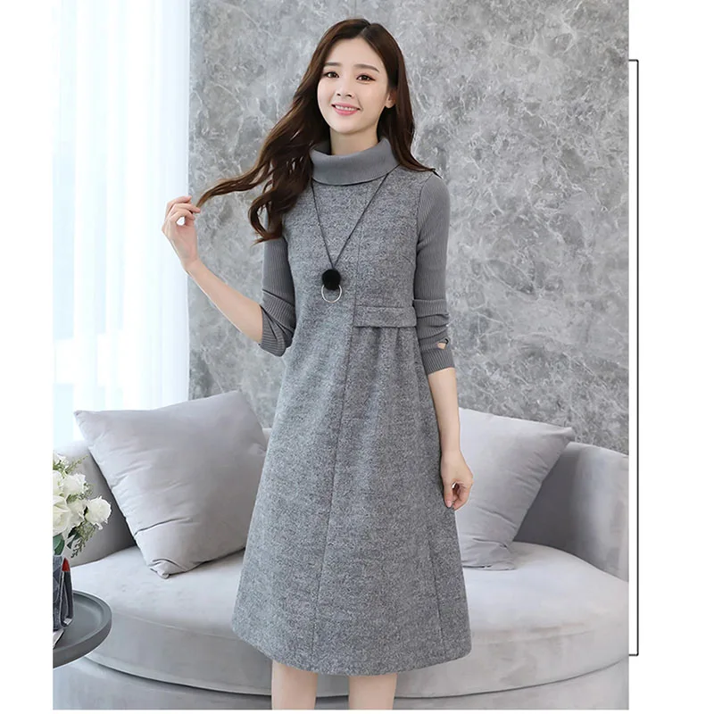 Шерстяное платье Женская осенне-зимняя одежда новая Корейская версия длинного темпераментного вязаного рукава с высоким воротником - Цвет: Серый