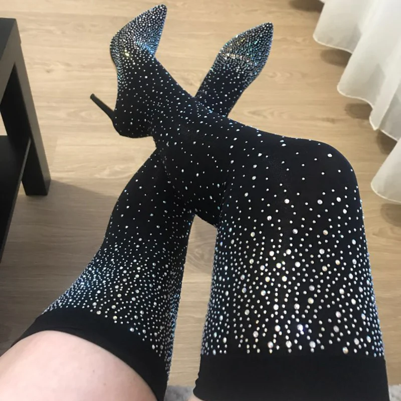 Fashion Women Over The Knee High Thigh Sock Boots 11.5cm High Heels Crystal Diamond Stripper Long Thigh Fetish Boots Shoes
