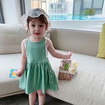 

Girls Dress 2020 New Summer Brand Girls Clothes Linen Cotton Side Button Design Baby Girls Dress Party Dress Infant Dresses