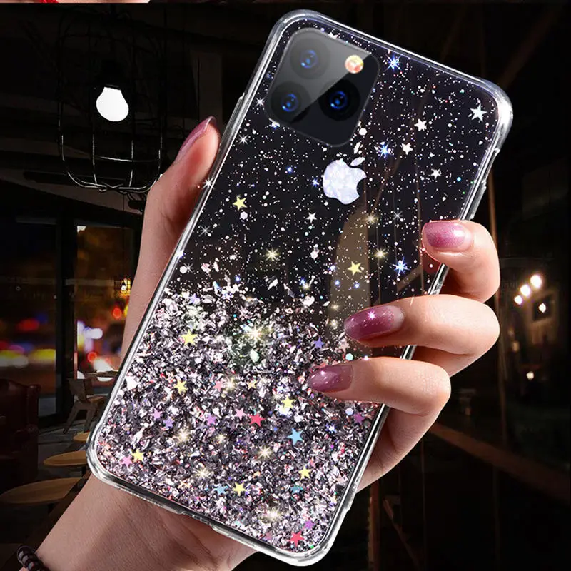 Luxo bling glitter para iphone 12 11 pro x xs max xr se 2020 caso do telefone para o iphone 7 8 6s plus tpu transparente capa de telefone