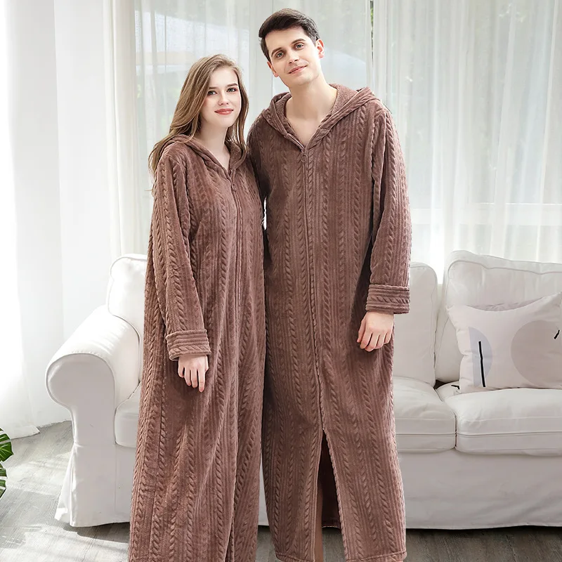 

Autumn/Winter Zipper Bathrobe Hooded Enlarged Nightgown Lovers Thickened Pajamas Flannel Nightdress Clothes Couple Robe Sets
