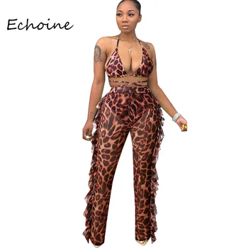 

Sexy Leopard Print Newspaper Women Two Pieces Set See Through Crop Top + Long Pants Women Party Night Clubwear Outfit 2020 New
