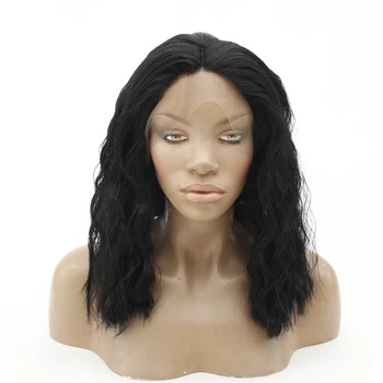 

#1b Natural Black Wavy Bob Wig Water Wavy Fiber Hair Middle Parting Lace Front Synthetic Bob Wig Female Fashion