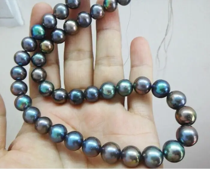 Jewelry Pearl NecklaceSuperb 17"10-11mm Natural Tahitian genuine black peacock round pearl necklace Free Shipping