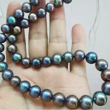 Jewelry Pearl NecklaceSuperb 17"10-11mm Natural Tahitian genuine black peacock round pearl necklace Free Shipping